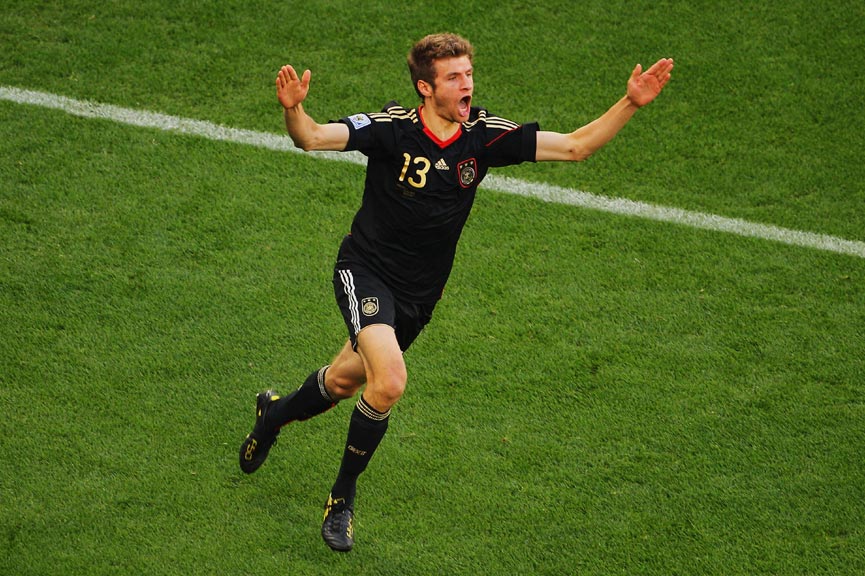 Germany's Thomas Muller celebrates after scoring the opening goal against Argentina in their last-16 clash in Cape Town.